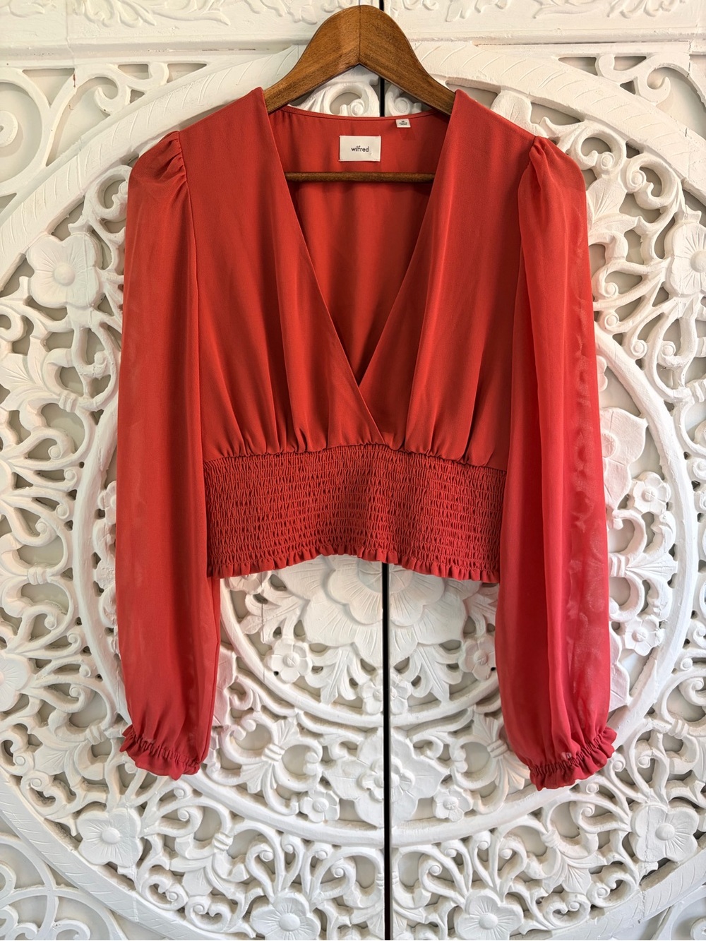 Wilfred Wistful Blouse Coral Red Smocked V Neck Size M